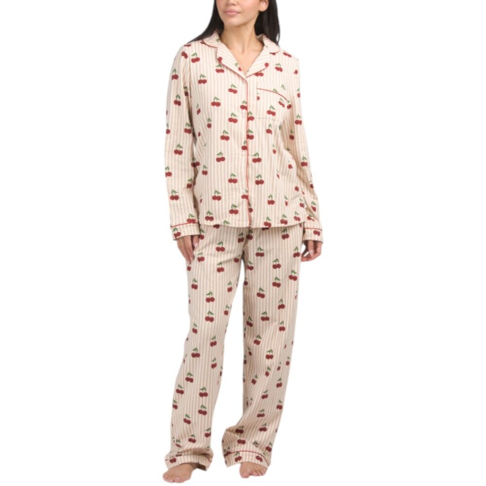CHELSEA PEERS Organic Cotton Blend Cherry Print Pajama Top And Pants Set